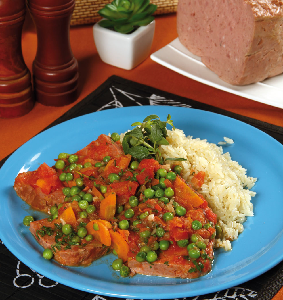 Estofado de leberkaese al vino blanco con arroz