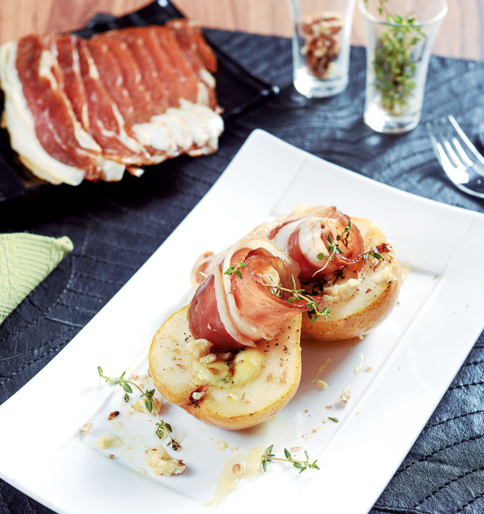 Peras tibias y rellenas con jamón (4 personas)